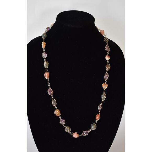 Vintage 80's Wire Wrapped Multi Stone Agate Necklace - 30 Inch Single Strand - Picture 3 of 4